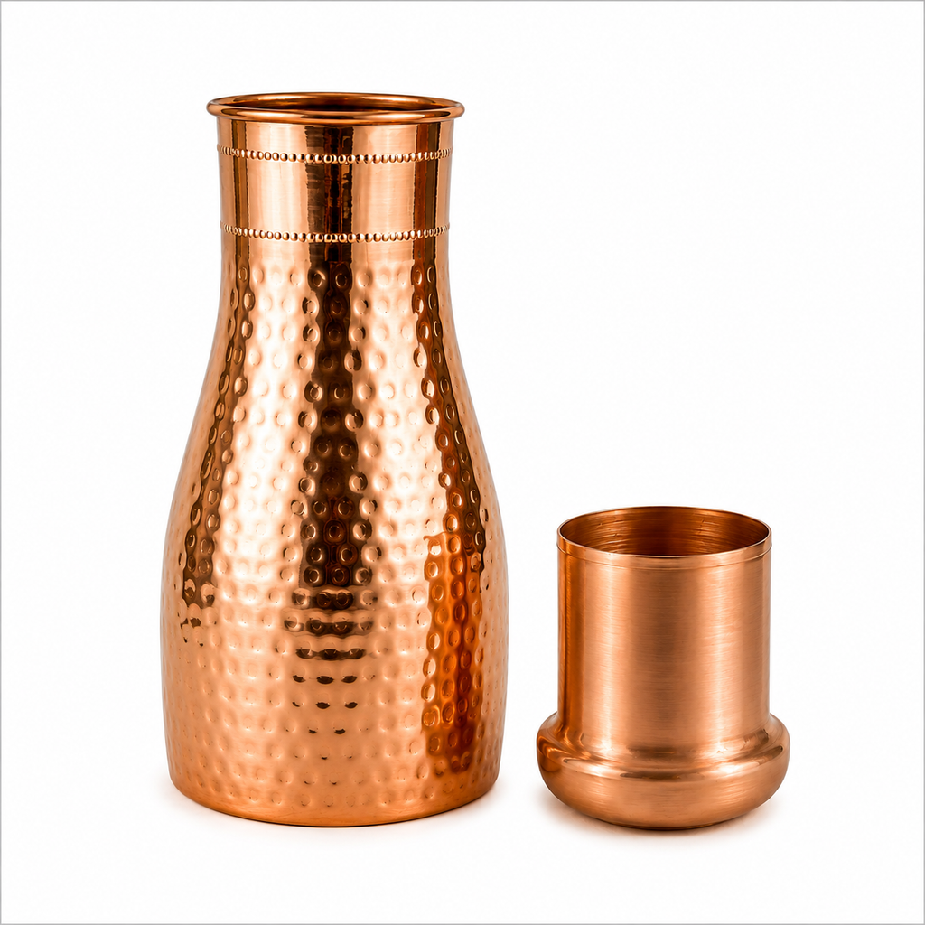 Hammered Pure Copper Bedside Water Bottle with Drinking Glass