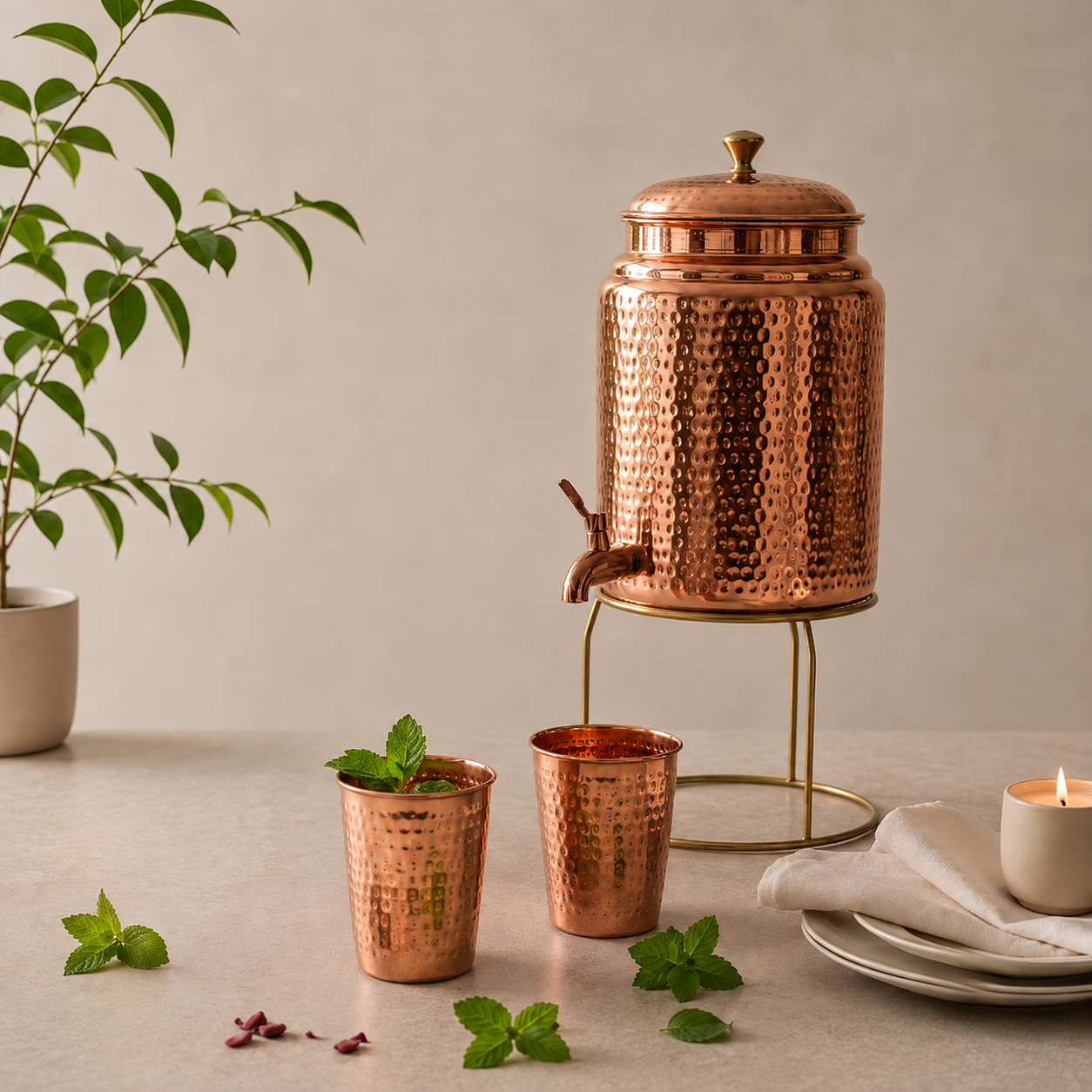 Hammered Pure Copper Water Dispenser and Glasses Set with Stand (5 Litre)