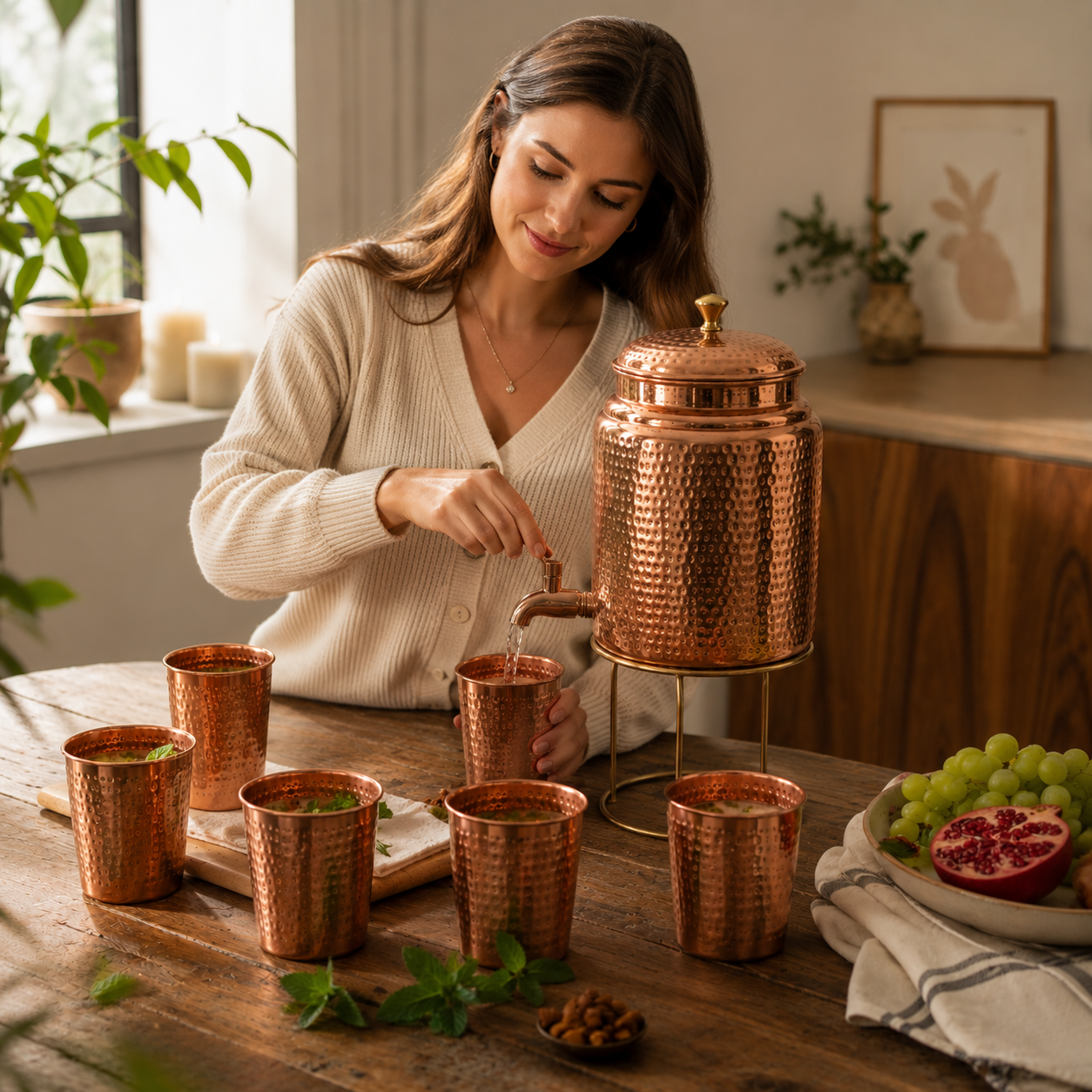 Hammered Pure Copper Water Dispenser and Glasses Set with Stand (5 Litre)