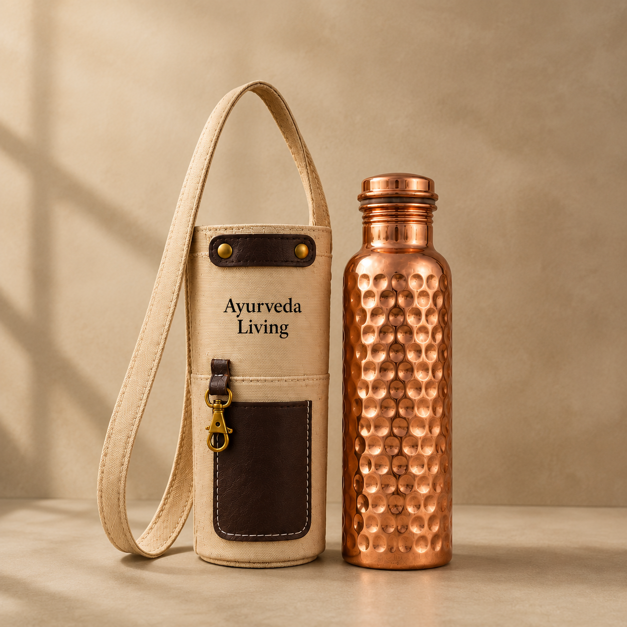 Hand-Hammered Pure Copper Bottle with Canvas Carrier (900ml)