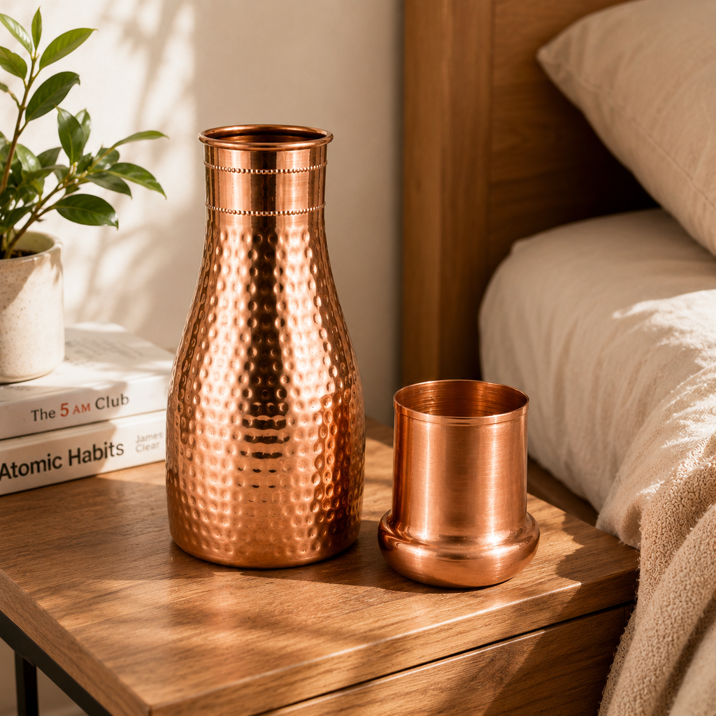 Hammered Pure Copper Bedside Water Bottle with Drinking Glass