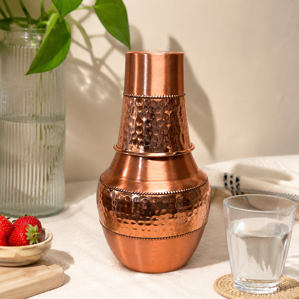 Pure Copper Venus Carafe & Tumbler Set – Traditional Bedside Water Jar