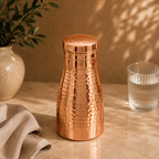 Hammered Pure Copper Bedside Water Bottle with Drinking Glass