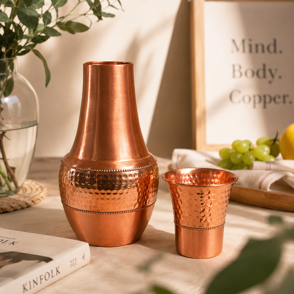 Pure Copper Venus Carafe & Tumbler Set – Traditional Bedside Water Jar