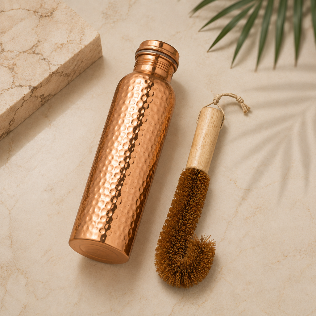 Hammered Pure Copper Water Bottle with Natural Cleaning Brush