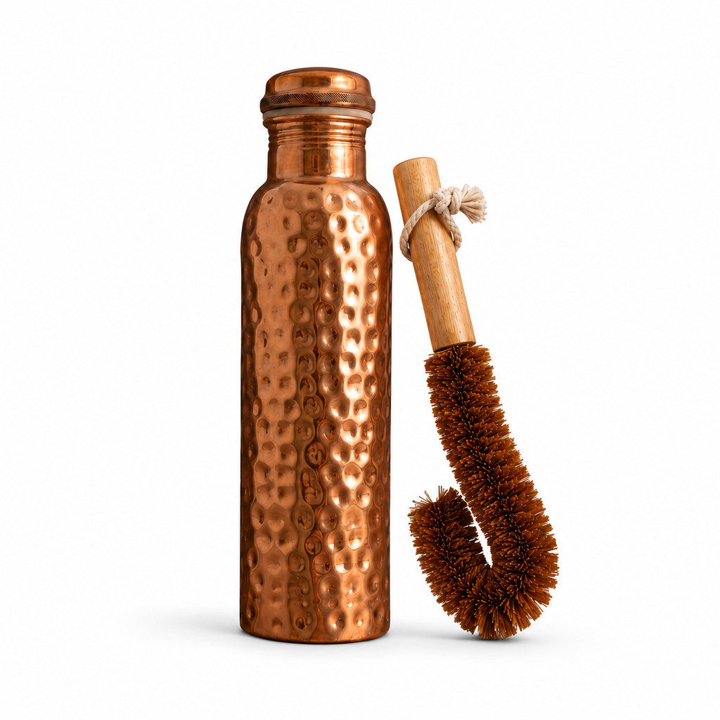 Hammered Pure Copper Water Bottle with Natural Cleaning Brush