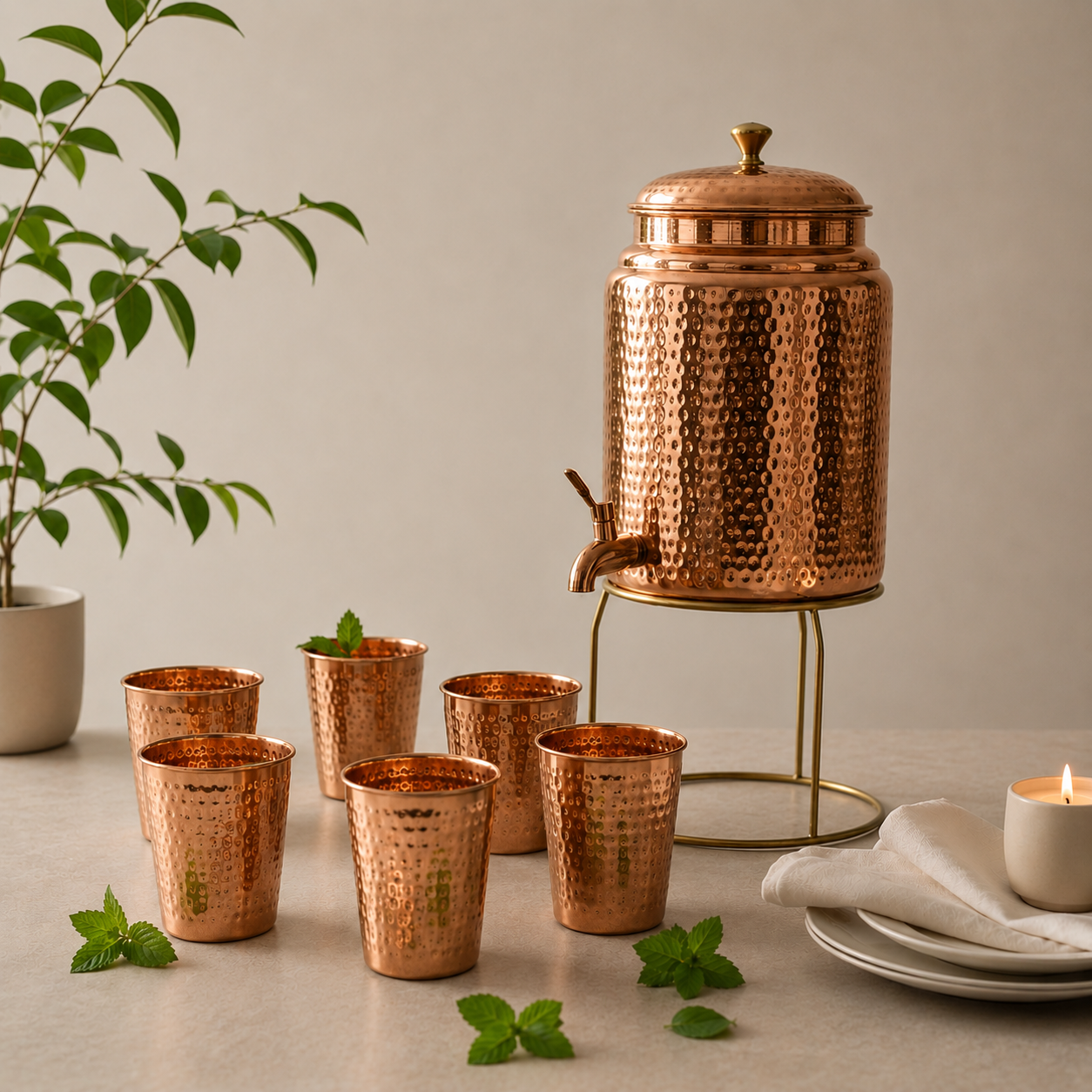Hammered Pure Copper Water Dispenser and Glasses Set with Stand (5 Litre)