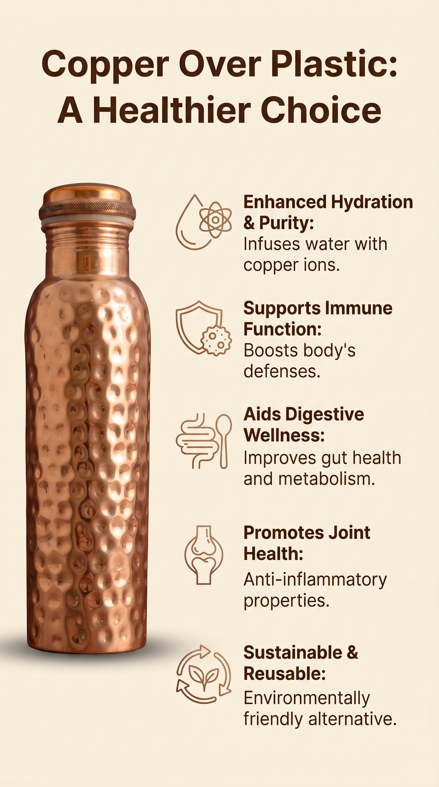 Ayurvedic Pure Copper Bottle - side angle view showing hammered texture