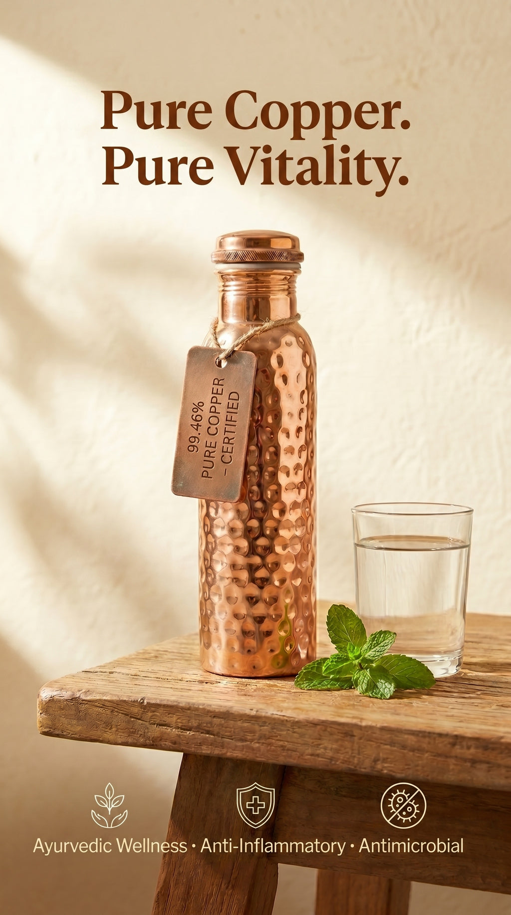 Ayurvedic Pure Copper Bottle - hand-hammered copper water bottle, front view