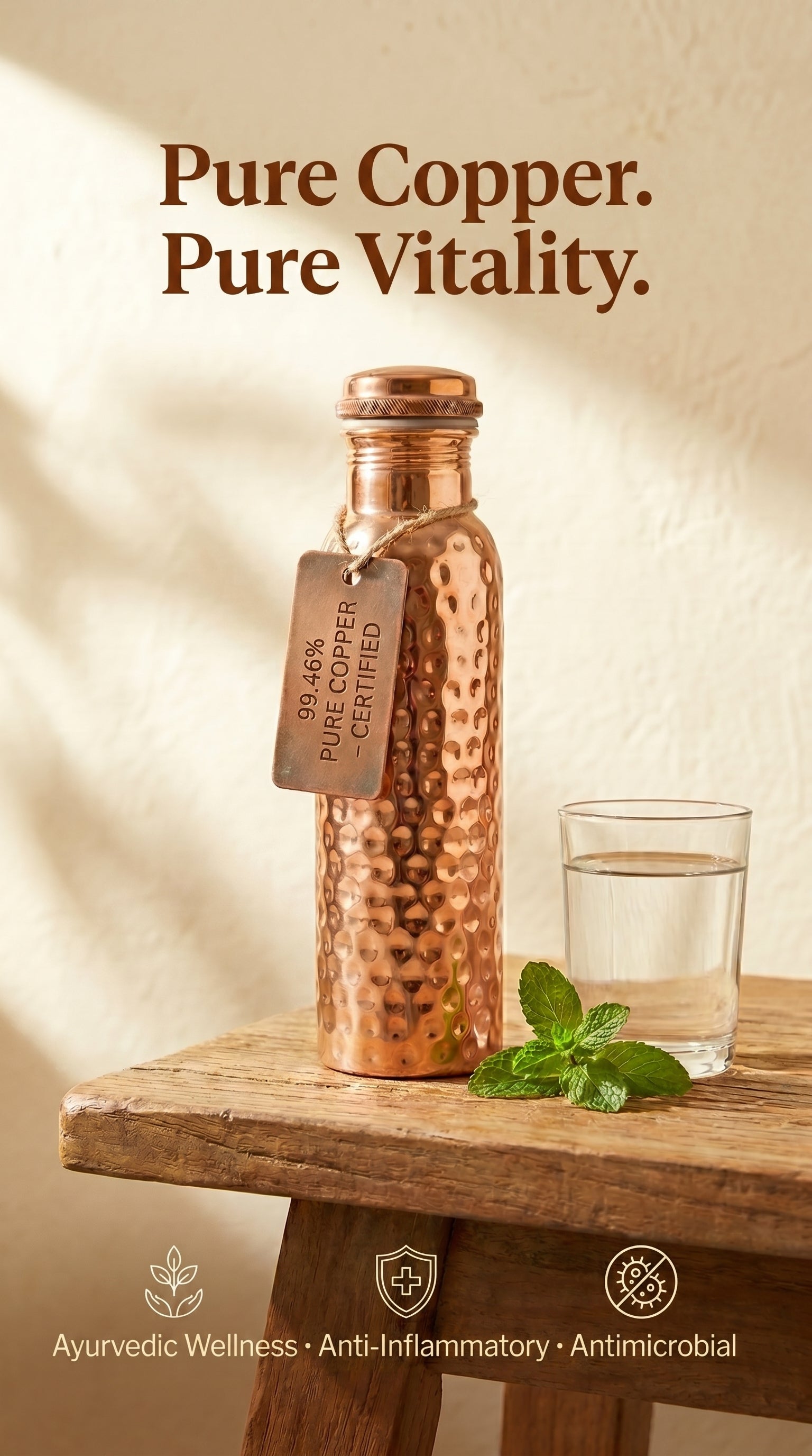 Ayurvedic Pure Copper Bottle - hand-hammered copper water bottle, front view