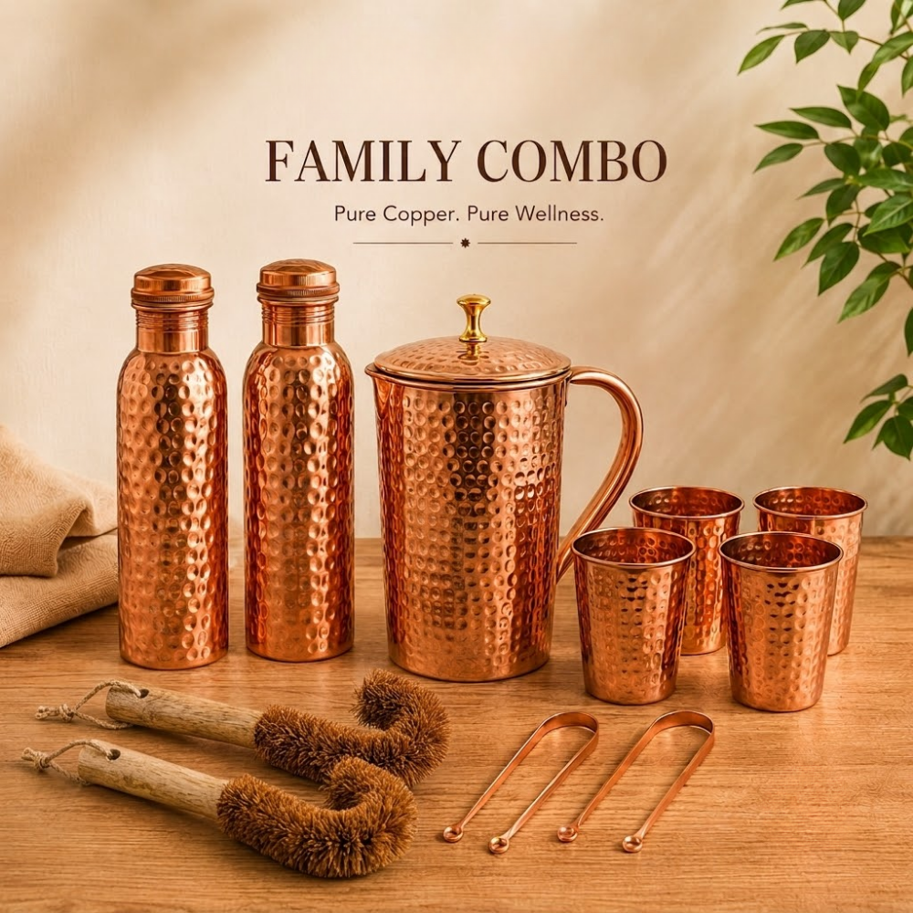 Pure Copper Family Hydration Set – 2 Bottles, 4 Glasses, 1 Jug & Accessories Ayurveda Living