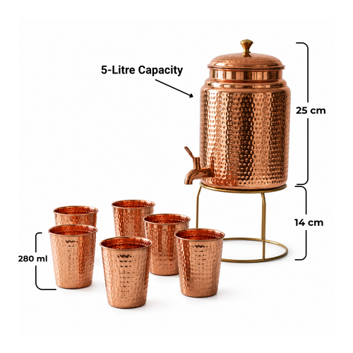Hammered Pure Copper Water Dispenser and Glasses Set with Stand (5 Litre)