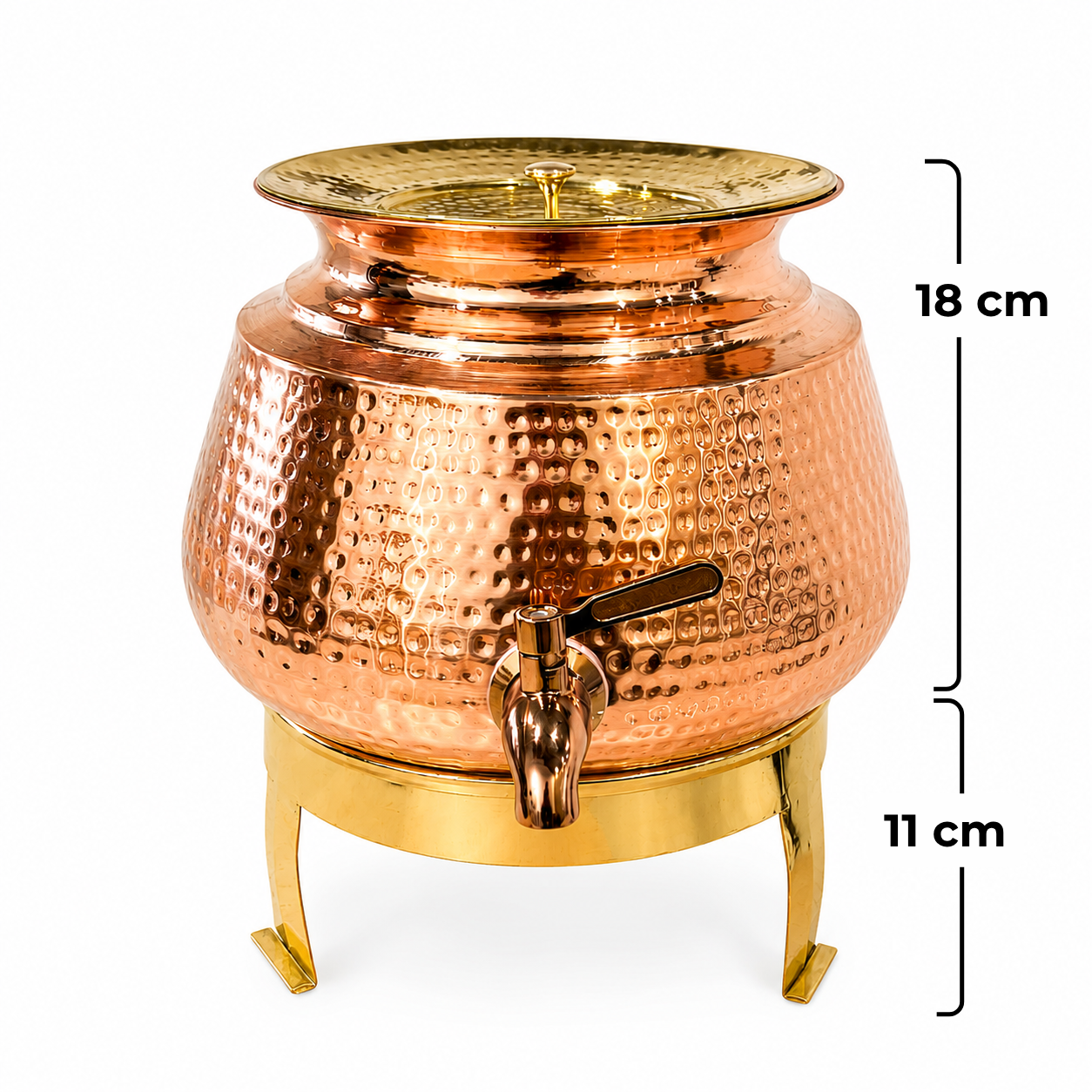 Pure Copper Hammered Water Dispenser with Brass Stand & Tap