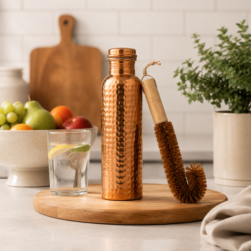 Hammered Pure Copper Water Bottle with Natural Cleaning Brush