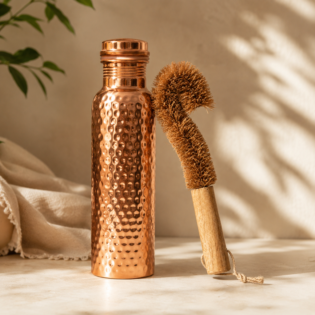 Hammered Pure Copper Water Bottle with Natural Cleaning Brush