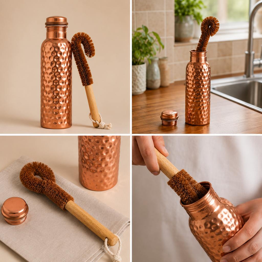 Hammered Pure Copper Water Bottle with Natural Cleaning Brush