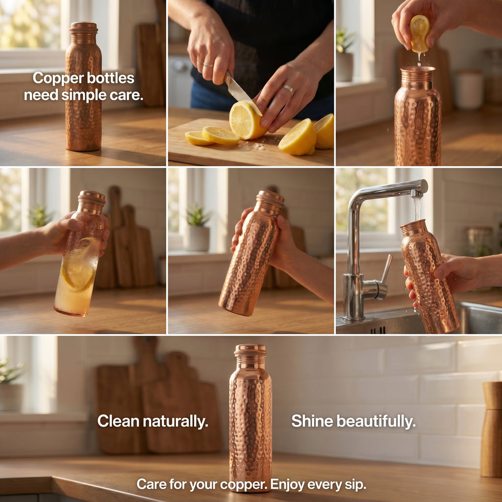 Ayurvedic Pure Copper Bottle - lifestyle shot with bottle in use