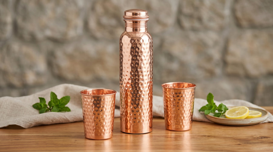 Ayurvedic Copper Set - Pure Copper Bottle + 2 Glasses