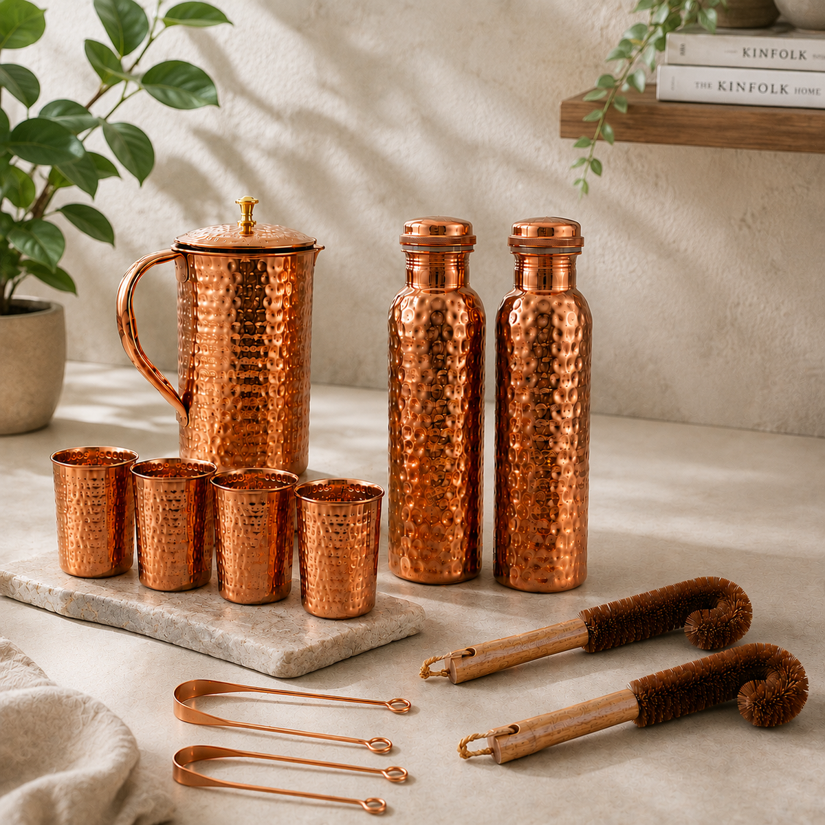 Pure Copper Family Hydration Set – 2 Bottles, 4 Glasses, 1 Jug & Accessories Ayurveda Living