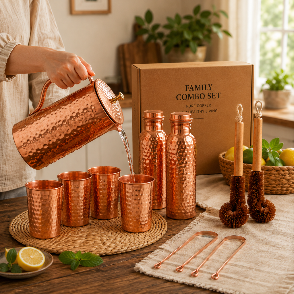 Pure Copper Family Hydration Set – 2 Bottles, 4 Glasses, 1 Jug & Accessories