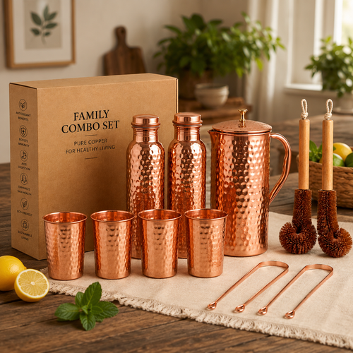 Pure Copper Family Hydration Set – 2 Bottles, 4 Glasses, 1 Jug & Accessories