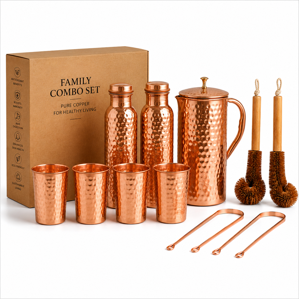 Pure Copper Family Hydration Set – 2 Bottles, 4 Glasses, 1 Jug & Accessories