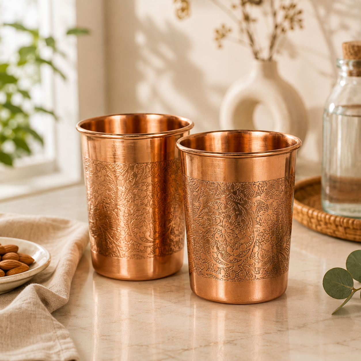 Engraved Pure Copper Drinking Glass Set of 2 – Traditional Floral Design