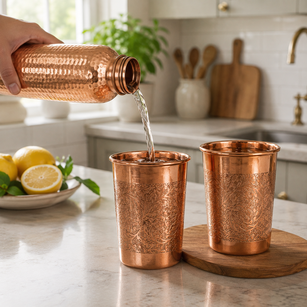 Engraved Pure Copper Drinking Glass Set of 2 – Traditional Floral Design