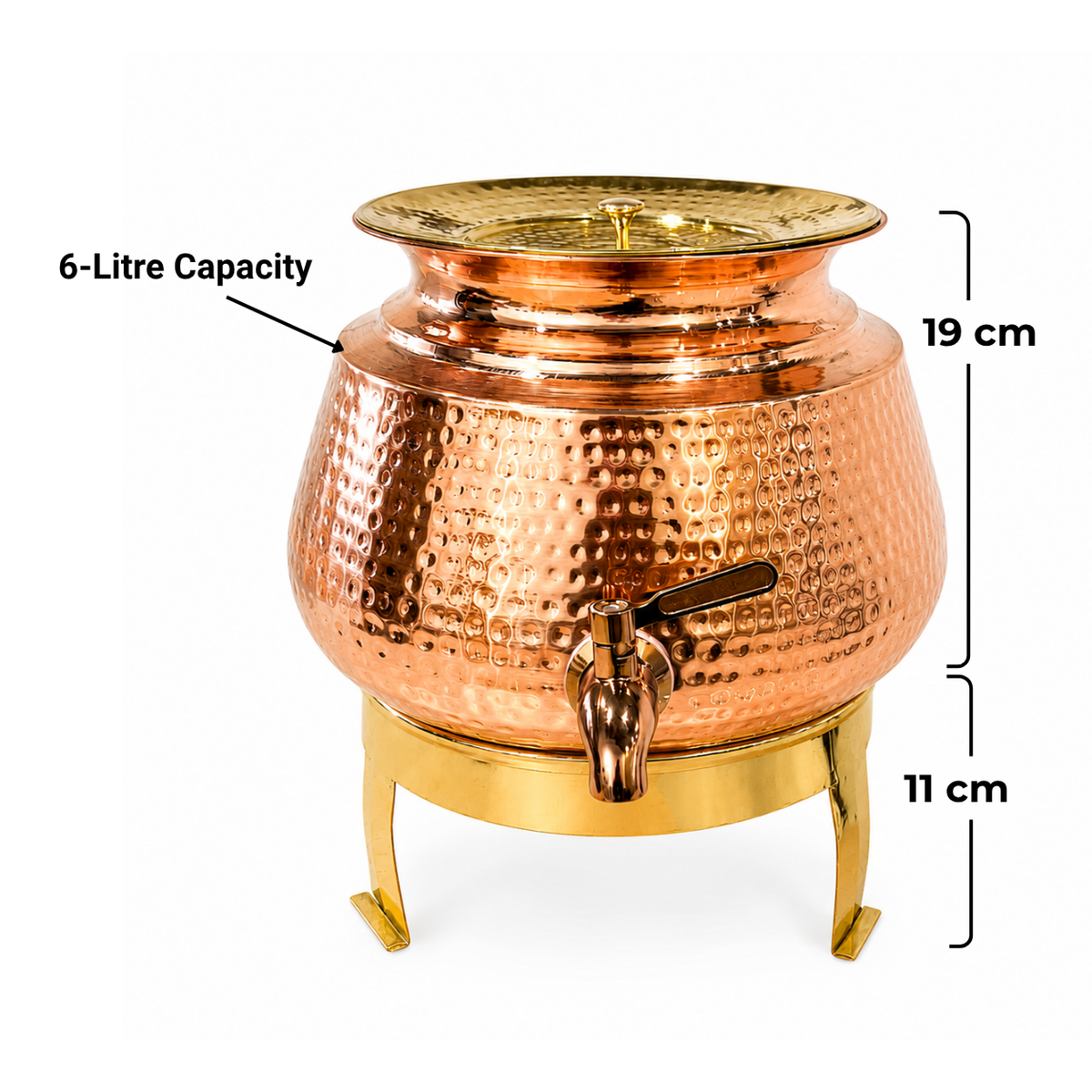 Premium Pure Copper Hammered Water Dispenser with Brass Stand & Tap | 6 Litre Ayurveda Living