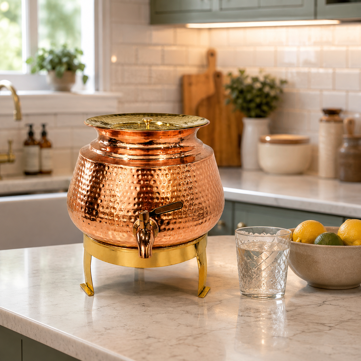 Pure Copper Hammered Water Dispenser with Brass Stand & Tap