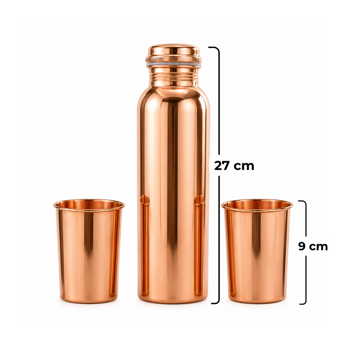 Pure Copper Plain Water Bottle with 2 Copper Glasses – Premium Hydration Set Ayurveda Living