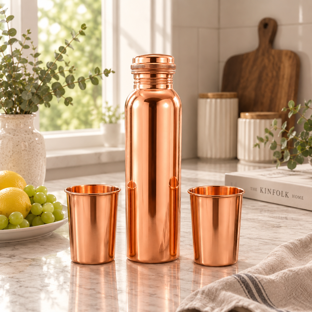 Pure Copper Water Bottle with 2 Copper Glasses – Premium Hydration Set