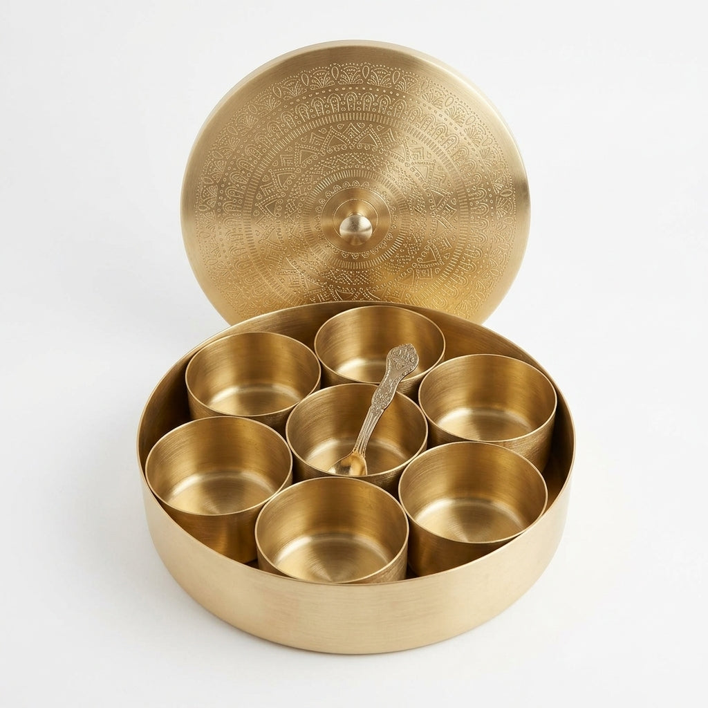 Brass Spice Box (Masala Dabba) – 7 Inch with 7 Bowls & Spoon