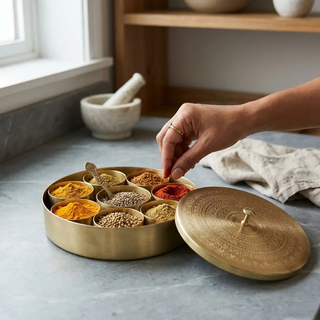 Brass Spice Box (Masala Dabba) – 7 Inch with 7 Bowls & Spoon Ayurveda Living