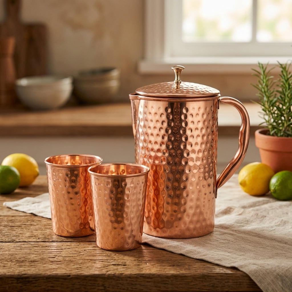 Pure Copper Jug & Glasses Set (1.6L Jug + 2×280ml Glasses)