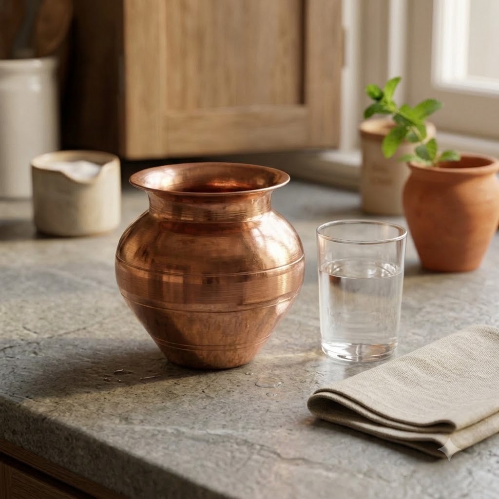 Pure Copper Indian Kalash Lota | 13 cm Pooja Vessel Ayurveda Living