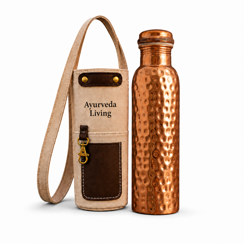 Hand-Hammered Pure Copper Bottle with Canvas Carrier (900ml) Ayurveda Living